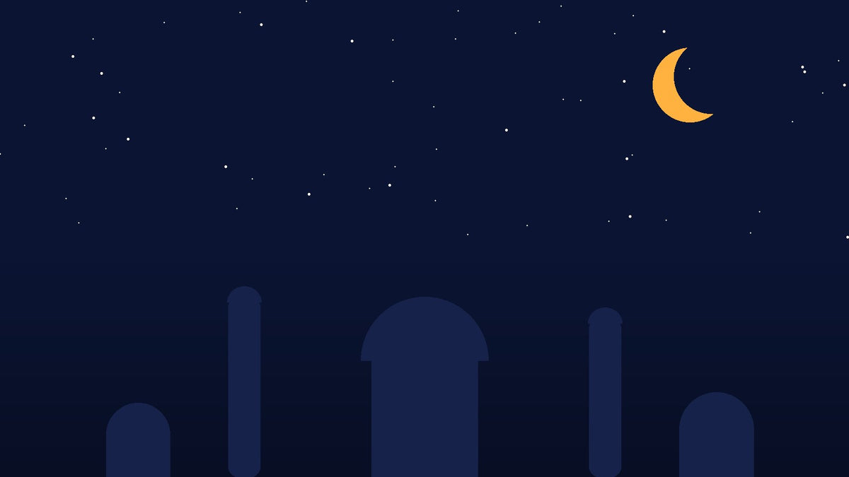 Mosque silhouette with crescent moon at dusk